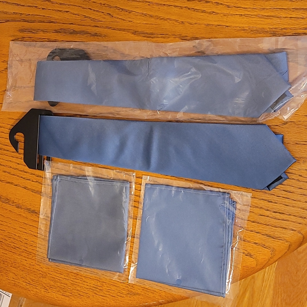 2 slate blue mens ties and pocket squares